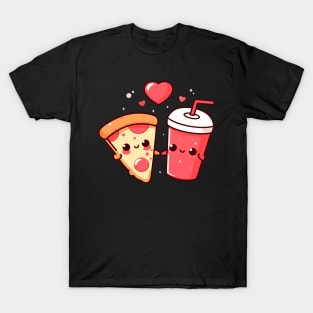 Kawaii Pepperoni Pizza Slice and Cola Drink with Hearts | Pizza and Chill | Pizza Lovers T-Shirt